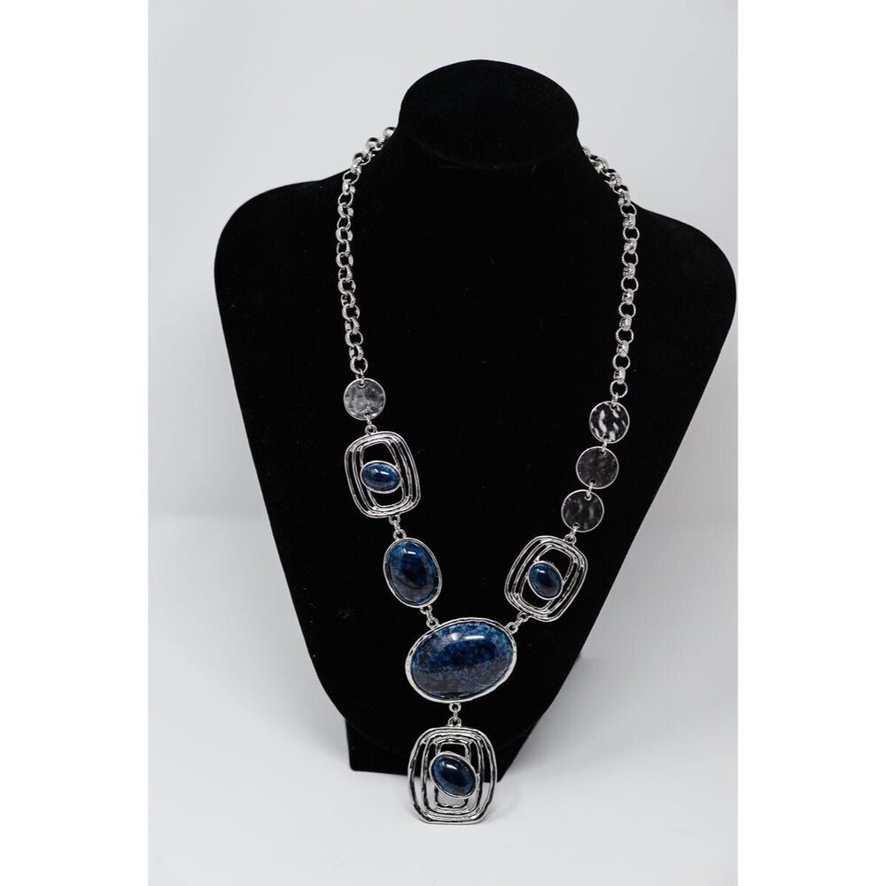 Chico's Silver-Tone Chain Necklace Grecian Blue Stone Accents & Lobster Clasp